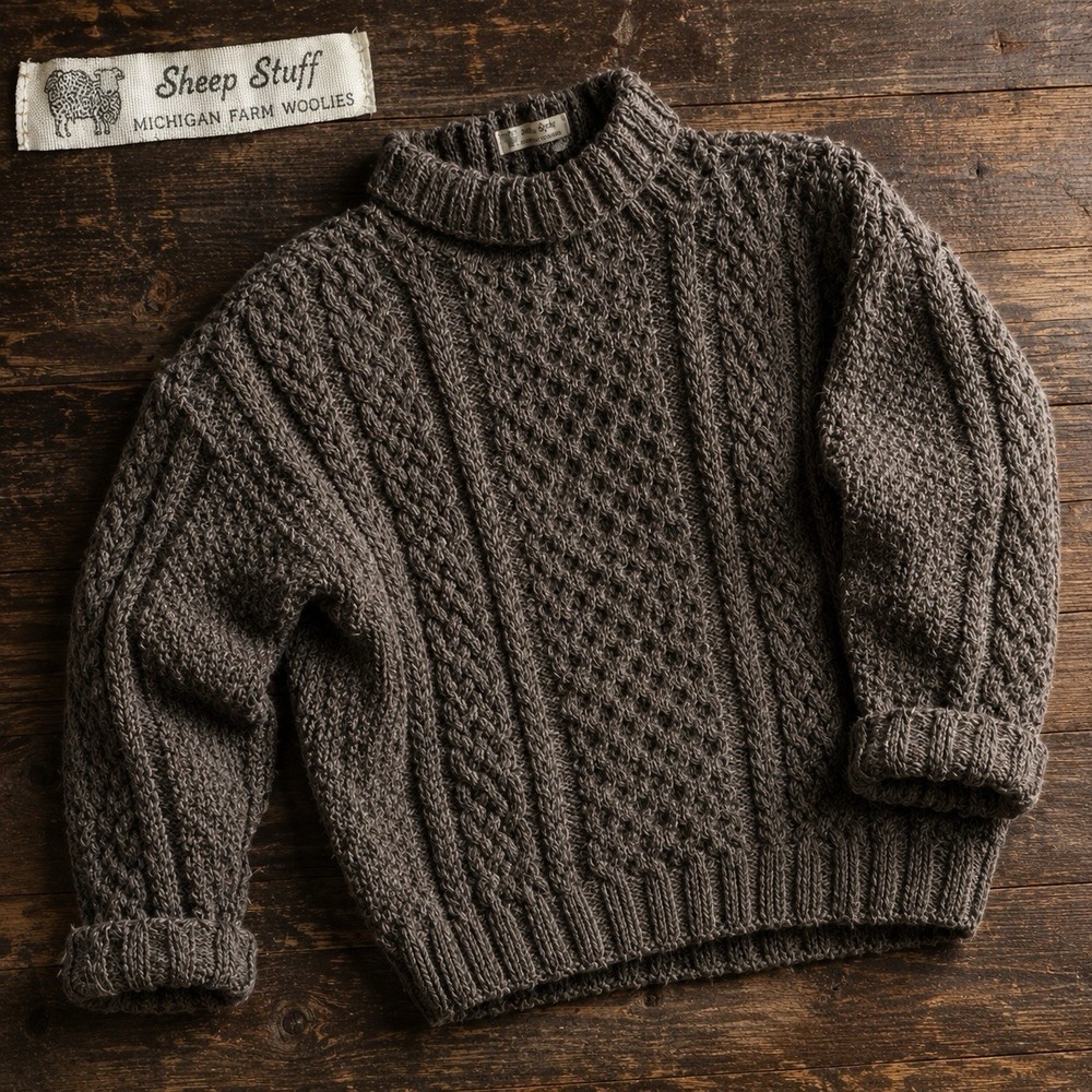 Vintage Sheep Stuff Michigan Woolies Sweater Adult Large Taupe Turtleneck Aran